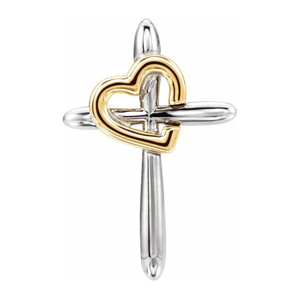 14K Two Tone Gold Cross Heart Slide Pendant, 13 x 20mm